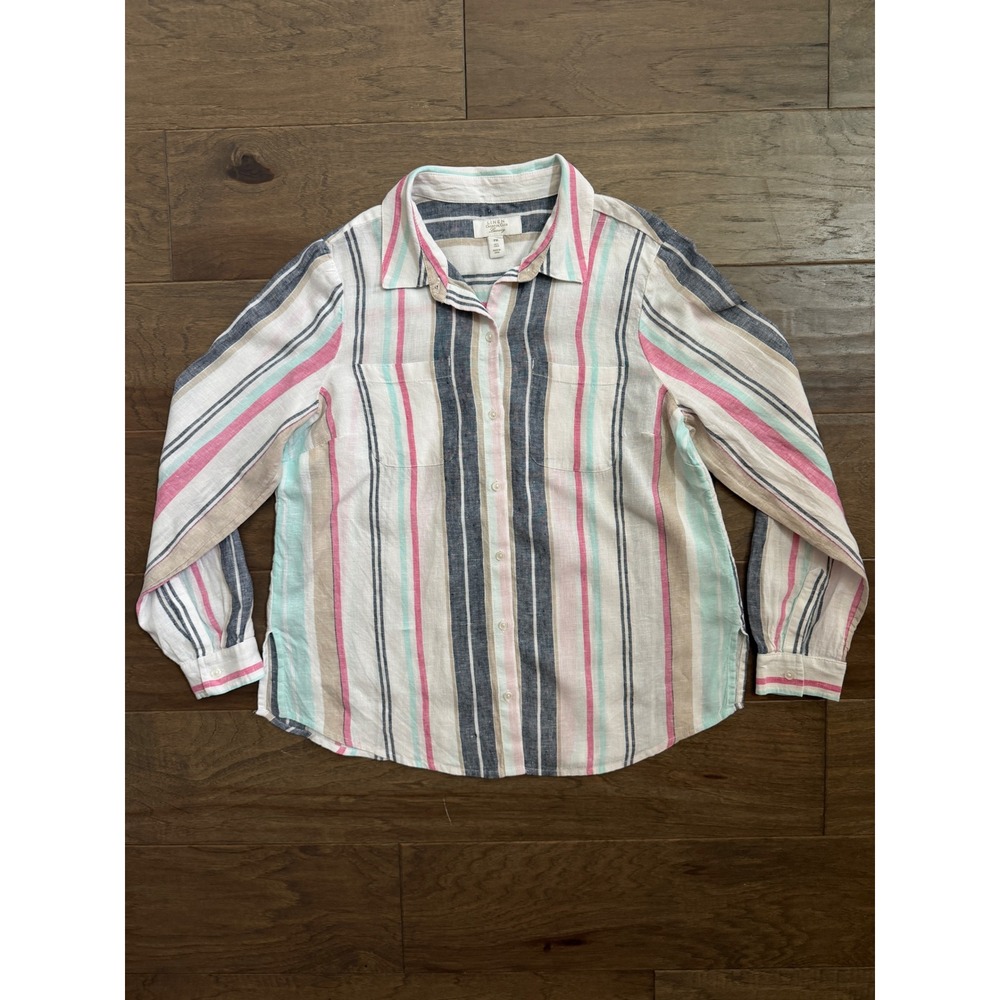 Charter Club Luxury Linen Striped Button Down‎ Shirt Petite Medium Multi-Color